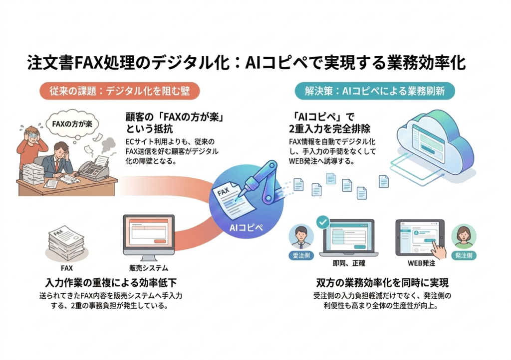 注文書ファックス処理のデジタル化　。AIによるコピー＆ペーストで業務効率化を実現