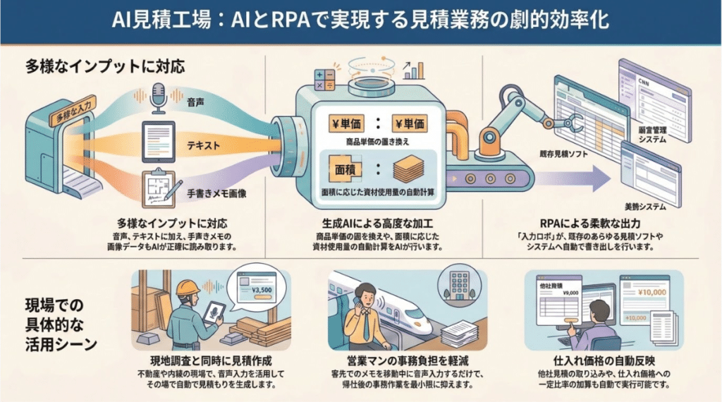 AIとRPAで実現する見積業務の効率化ツール「AI見積工場」の図解