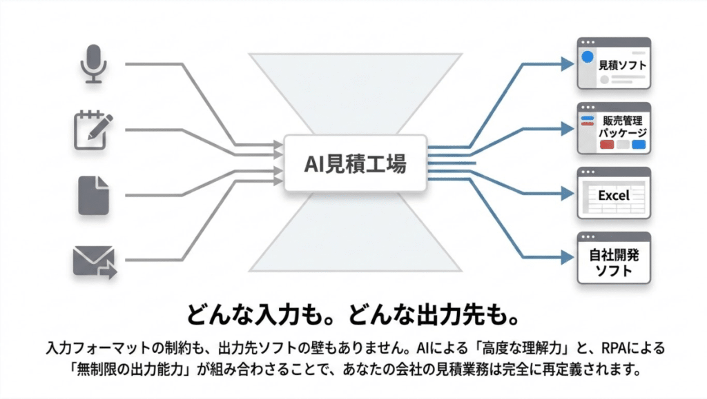 AIの理解力とRPAの出力能力で見積書を自動作成する「AI見積工場」の図解